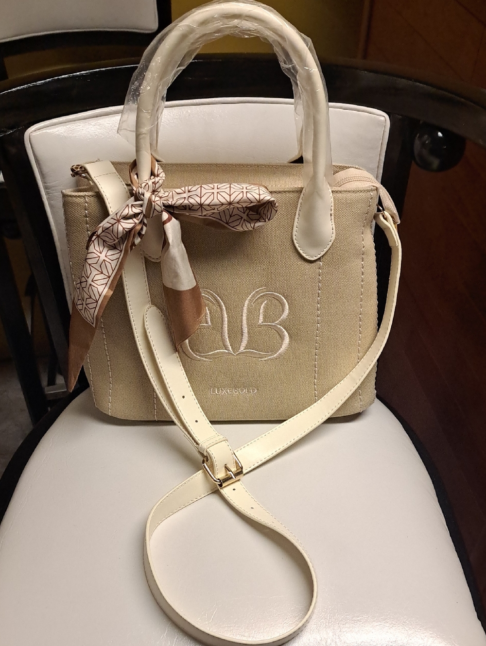 LUXEBOLD Canvas Beige Cream Monogram Satchel Shoulder Bag Crossbody Strap NWT